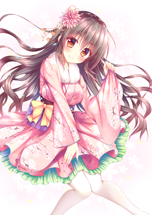 1girl bangs blush brown_eyes brown_hair cherry_blossom_print closed_mouth commentary_request eyebrows_visible_through_hair fingernails flower fur_collar hair_between_eyes hair_flower hair_ornament head_tilt japanese_clothes kimono knees_together_feet_apart long_hair long_sleeves looking_at_viewer nail_polish original pantyhose pinching_sleeves pink_flower pink_kimono pink_nails print_kimono smile solo suzukawa_yui v-shaped_eyebrows very_long_hair white_legwear wide_sleeves