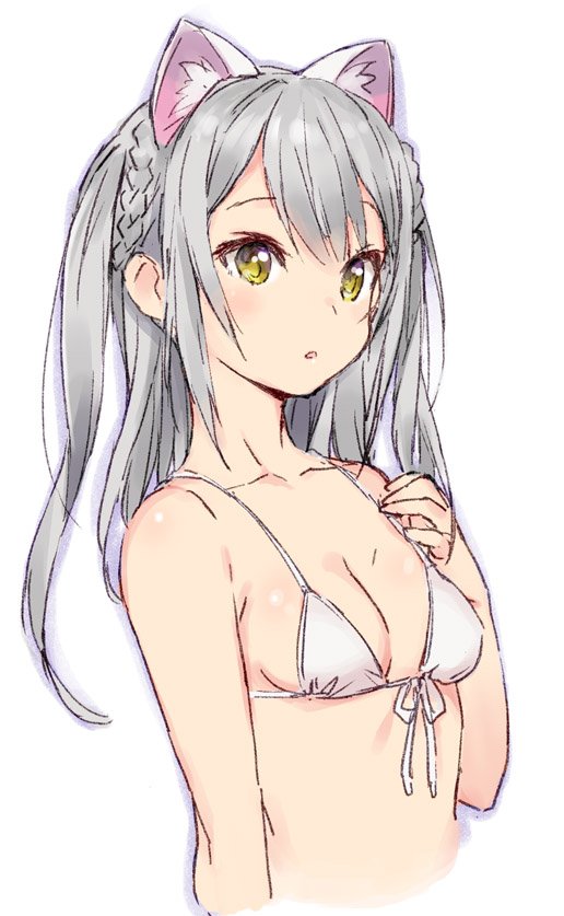 1girl animal_ears bikini_top braid breasts cleavage front-tie_bikini front-tie_top hand_on_own_chest kawata_hisashi long_hair parted_lips silver_hair simple_background small_breasts solo twin_braids two_side_up upper_body white_background white_bikini_top yellow_eyes