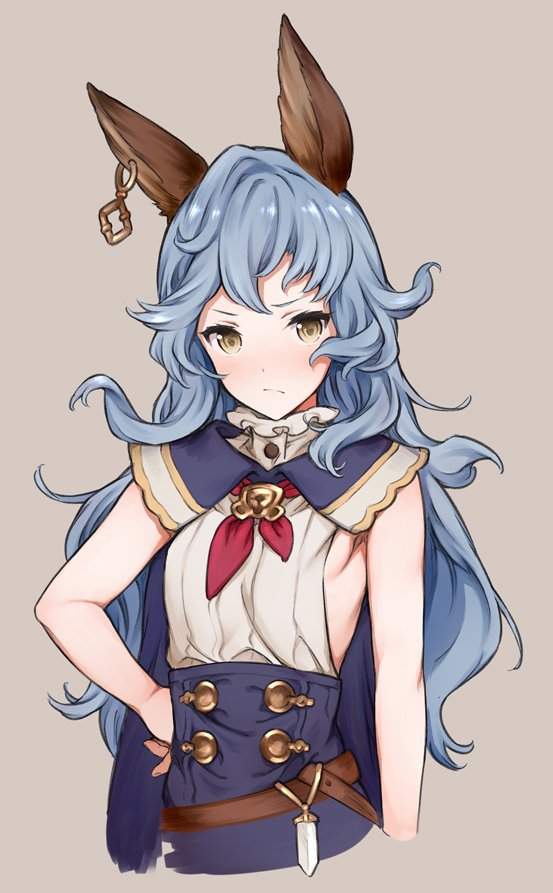 1girl animal_ears backless_outfit bangs blue_hair blush brown_background brown_eyes closed_mouth cropped_torso erun_(granblue_fantasy) ferry_(granblue_fantasy) frown granblue_fantasy hand_on_hip long_hair looking_at_viewer saboten simple_background solo upper_body wavy_hair