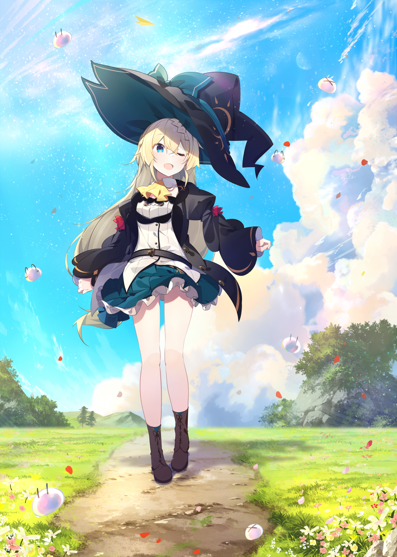 1girl ;d aizawa_azusa aqua_skirt ascot bangs benio_(dontsugel) blonde_hair blouse blue_eyes blue_sky boots brown_boots clouds cloudy_sky coat grass hair_between_eyes hair_ornament hat long_hair novel_illustration official_art one_eye_closed open_clothes open_coat open_mouth outdoors path road sidelocks sky slime slime_taoshite_300_nen_shiranai_uchi_ni_level_max_ni_nattemashita smile solo standing white_blouse witch witch_hat