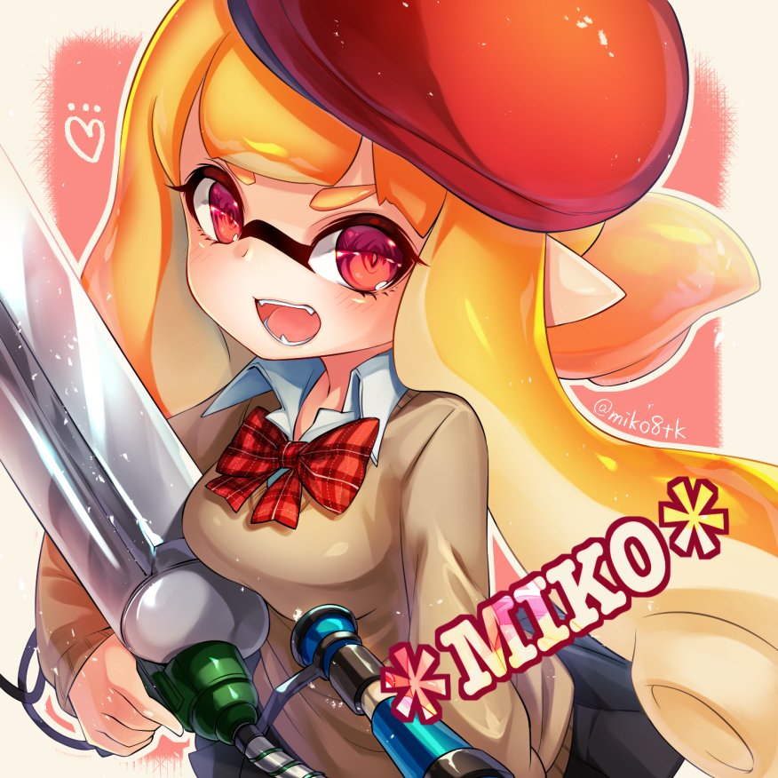 1girl bangs beret black_skirt blunt_bangs bow bowtie brown_sweater commentary_request conomi-c5 domino_mask dress_shirt e-liter_3k_(splatoon) fangs hat heart holding holding_weapon inkling long_hair long_sleeves looking_at_viewer mask miniskirt open_mouth orange_hair plaid_bowtie pleated_skirt pointy_ears red_bow red_bowtie red_eyes red_hat shirt skirt smile solo splatoon standing tentacle_hair twitter_username upper_body v-neck weapon white_shirt