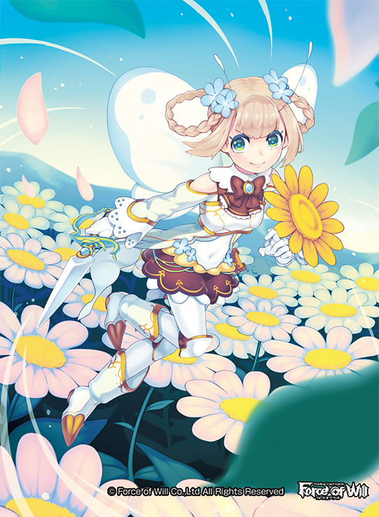 1girl armor armored_boots blonde_hair boots bow bowtie braid copyright_name covered_navel dagger day fairy_wings flower force_of_will gloves green_eyes hair_flower hair_ornament leaf mie_nabe official_art petals sky solo twin_braids weapon wings