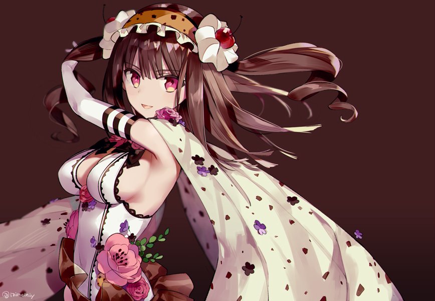 1girl armpits breasts brown_hair cape cherry cleavage elbow_gloves flower food food_themed_clothes food_themed_hair_ornament from_side fruit gloves hair_ornament hairband large_breasts long_hair looking_at_viewer ninomoto open_mouth original personification pink_eyes red_eyes sideboob smile solo twitter_username upper_body whipped_cream