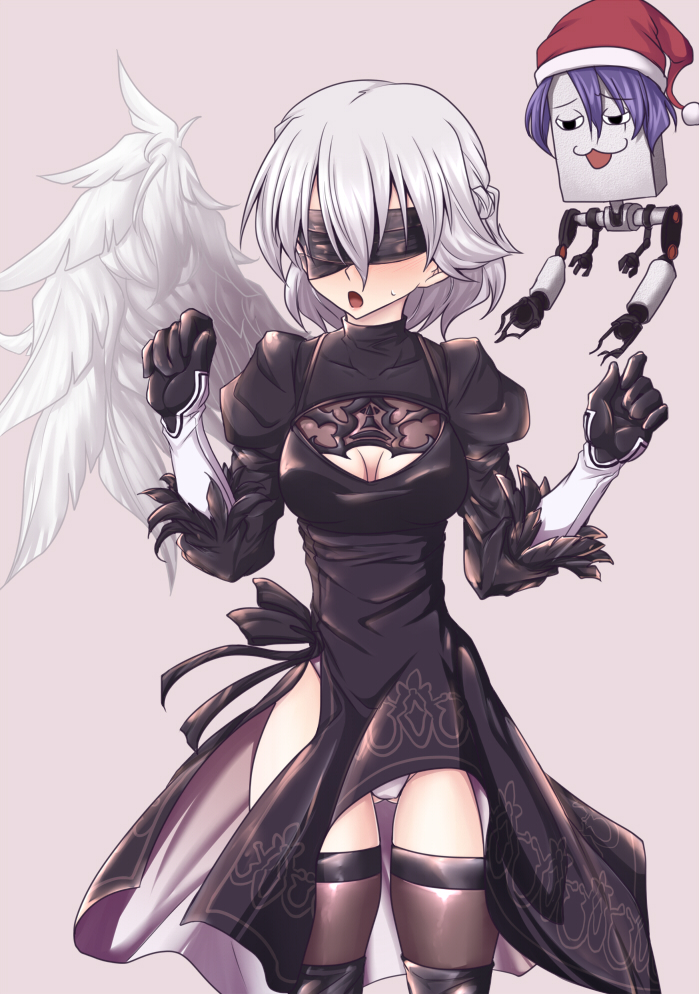 1girl :3 benizuwai black_dress black_gloves black_legwear blindfold braid breasts cleavage cleavage_cutout commentary_request cosplay crossover doremy_sweet dress feathered_wings french_braid gloves gluteal_fold hat kishin_sagume long_sleeves nier_(series) nier_automata nightcap open_mouth pod_(nier_automata) simple_background single_wing thigh-highs touhou white_wings wings yorha_no._2_type_b yorha_no._2_type_b_(cosplay)