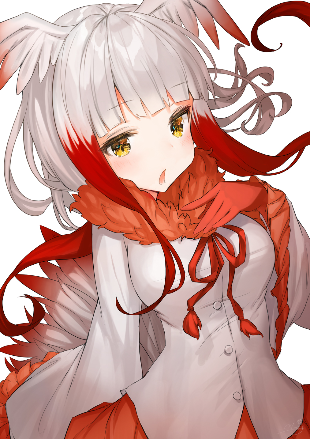 1girl bangs blunt_bangs blush chestnut_mouth frills fur_trim gloves hand_on_own_chest head_wings highres japanese_crested_ibis_(kemono_friends) kemono_friends long_hair mia_(miaflocon) multicolored_hair red_gloves redhead shirt sidelocks simple_background solo two-tone_hair white_background white_hair white_shirt wide_sleeves yellow_eyes