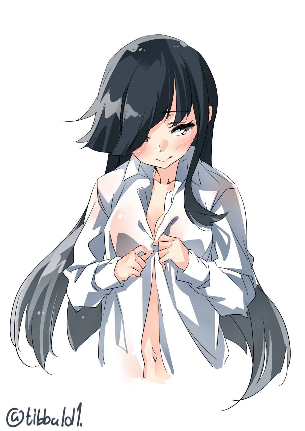 10s 1girl bangs black_hair blush brown_eyes closed_mouth collared_shirt ebifurya eyebrows_visible_through_hair hair_over_one_eye hatsushimo_(kantai_collection) highres kantai_collection long_hair long_sleeves looking_to_the_side navel shirt sidelocks simple_background solo straight_hair twitter_username upper_body white_background white_shirt