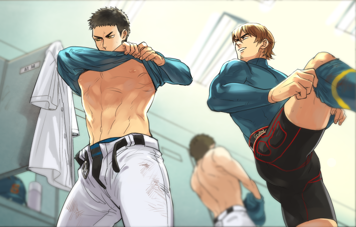 3boys ace_of_diamond baseball_uniform beard black_hair brown_hair facial_hair from_below isashiki_jun locker_room long_sleeves maji_(m) male_focus multiple_boys short_hair sportswear toned toned_male unbuckled_belt undershirt undressing yuuki_tetsuya