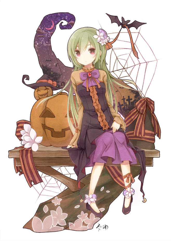 1girl artist_name bangs bat black_dress black_shoes closed_mouth dress flats green_hair halloween hat jack-o'-lantern long_hair long_sleeves looking_at_viewer original pumpkin shoes sidelocks signature silk simple_background sitting solo spider_web violet_eyes white_background witch_hat yonema