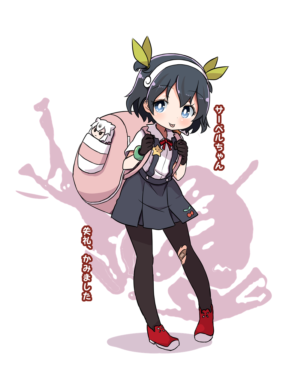 1girl :p backpack bag bandaid black_hair black_legwear blue_eyes blush cherry_print commentary_request cosplay eyebrows_visible_through_hair food_print gloves hachikuji_mayoi hachikuji_mayoi_(cosplay) hair_ribbon hairband highres kaban_(kemono_friends) kemono_friends monogatari_(series) pantyhose red_ribbon ribbon shikei_(jigglypuff) short_hair short_twintails silhouette snail solo tongue tongue_out torn_clothes torn_pantyhose trait_connection translated twintails