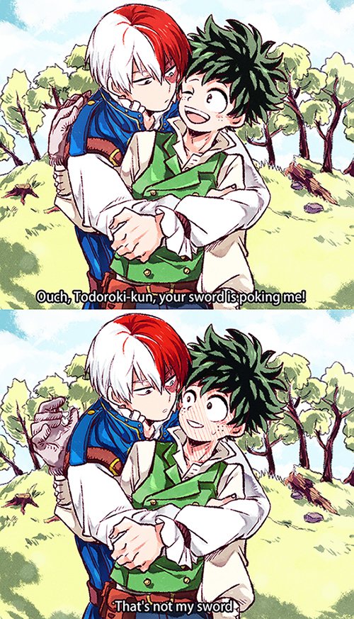 ! 2boys belt blush boku_no_hero_academia clouds collared_shirt commentary_request day english freckles gloves grass green_hair hug hug_from_behind long_sleeves looking_at_another meme midoriya_izuku multicolored_hair multiple_boys outdoors pants redhead reiquil shirt sideburns sky smile split_screen surprised sweatdrop text todoroki_shouto tree two-tone_hair upper_body vest white_hair wide-eyed