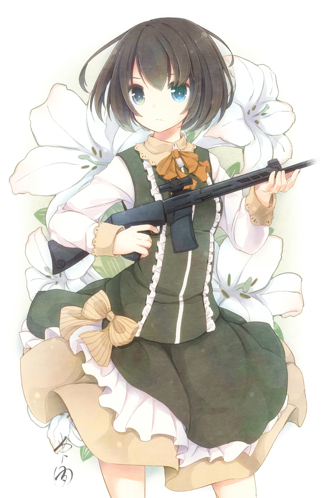 1girl assault_rifle bangs black_dress black_hair blouse blue_eyes bob_cut closed_mouth dress finger_on_trigger floral_background gun holding holding_gun holding_weapon howa_type_89 long_sleeves looking_to_the_side original rifle short_hair solo standing weapon white_blouse white_flower yonema