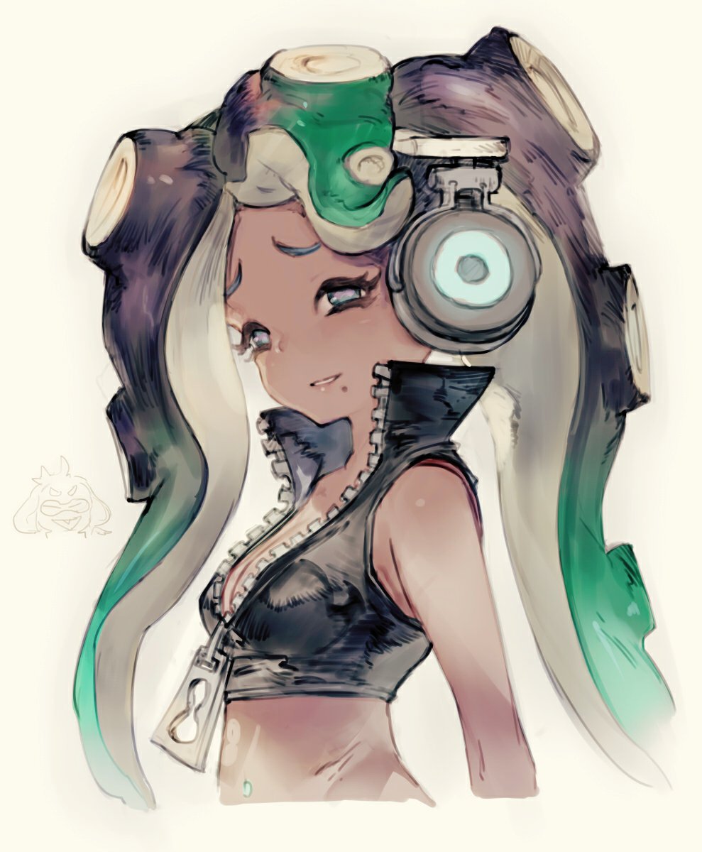 1girl :d bare_shoulders black_hair breasts cleavage crop_top dark_skin from_side gorilla_(mushimushiland) green_eyes green_hair headphones highres long_hair makeup marina_(splatoon) mascara midriff mole mole_under_mouth multicolored_hair navel_piercing open_mouth piercing simple_background sleeveless smile solo splatoon splatoon_2 tentacle two-tone_hair upper_body white_background zipper zipper_pull_tab