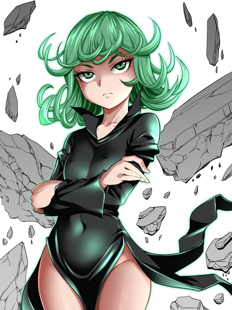 1girl bangs black_dress closed_mouth cowboy_shot crossed_arms curly_hair dress green_eyes green_hair hawawani light_frown looking_at_viewer matching_hair/eyes no_panties one-punch_man short_hair solo standing tatsumaki telekinesis