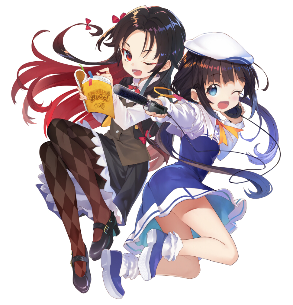 2girls ;d argyle argyle_legwear black_hair black_legwear black_shoes black_skirt blue_dress blue_eyes blue_shoes blush book bow brown_hair copyright_name cover cover_page crossed_arms dress hair_bow headphones hinatsuru_ai long_hair looking_at_viewer mary_janes multicolored_hair multiple_girls official_art one_eye_closed open_book open_mouth pantyhose red_eyes redhead ryuuou_no_oshigoto! school_uniform serafuku shirabi shoes skirt smile sneakers twintails two-tone_hair white_hair yashajin_ai