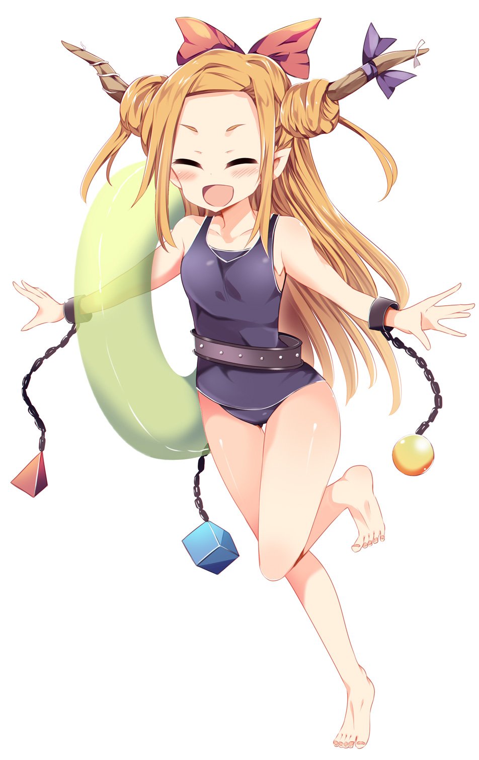 1girl alternate_hairstyle bare_legs barefoot belt blue_ribbon blush bow chains closed_eyes cuffs double_bun forehead full_body hair_bow highres horn_ribbon horns ibuki_suika innertube long_hair maturiuta_sorato one-piece_swimsuit one_leg_raised open_mouth orange_hair pointy_ears red_bow ribbon simple_background smile solo standing swimsuit thigh_gap touhou very_long_hair white_background