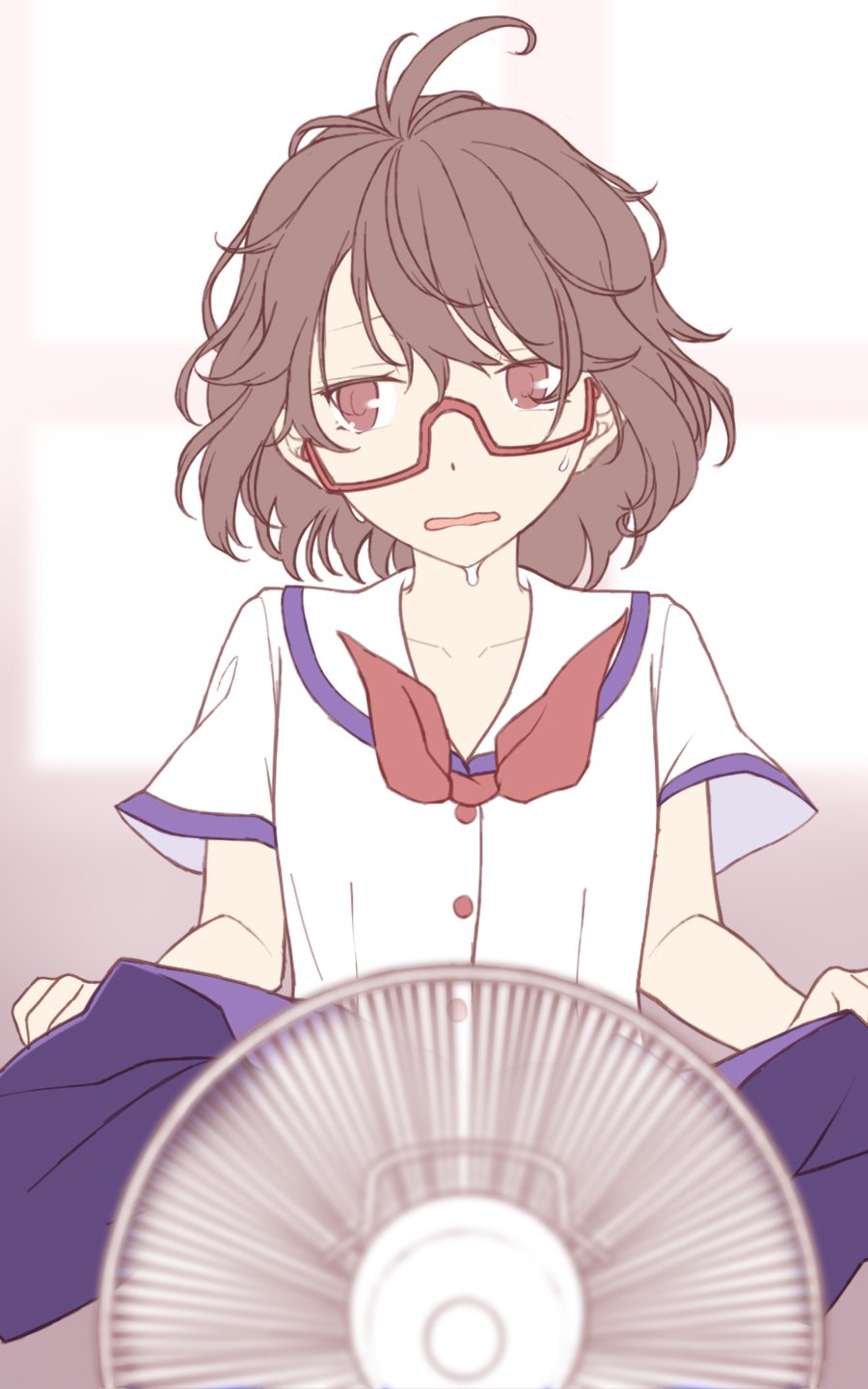 1girl ahoge bespectacled blue_skirt blurry blurry_background brown_eyes brown_hair buttons clothes_lift collarbone commentary_request day electric_fan fanning_crotch glasses hair_between_eyes highres hot indoors lifted_by_self midorino_eni miniskirt open_mouth pleated_skirt red-framed_eyewear school_uniform semi-rimless_glasses shirt short_sleeves skirt skirt_lift skirt_up solo standing sweat touhou under-rim_glasses usami_sumireko white_shirt wind wind_lift window