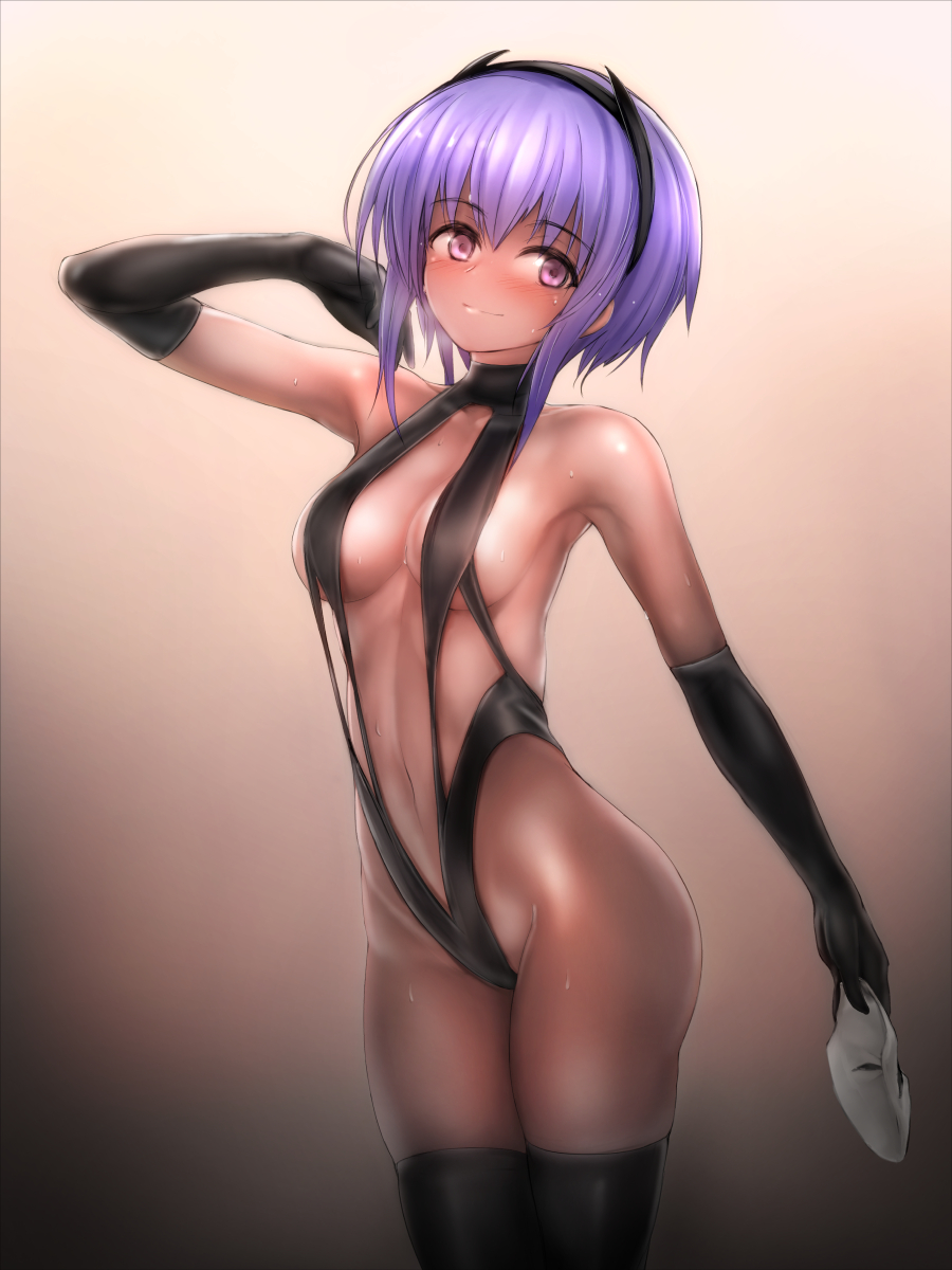 1girl assassin_(fate/prototype_fragments) bangs black_gloves black_leotard blush bouto_(paranoia) breasts closed_mouth cowboy_shot dark_skin elbow_gloves eyebrows_visible_through_hair fate/prototype fate/prototype:_fragments_of_blue_and_silver fate_(series) gloves hair_between_eyes highres holding holding_mask leotard looking_at_viewer mask medium_breasts navel pink_eyes purple_hair revealing_clothes short_hair_with_long_locks smile solo thighs