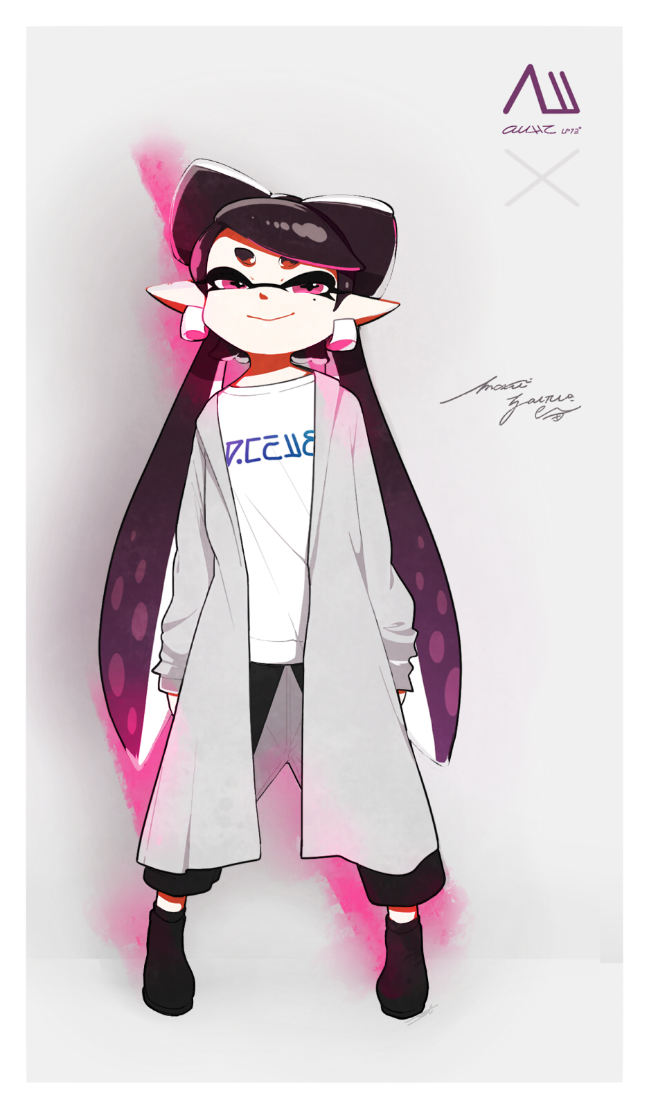 +_+ 1girl aori_(splatoon) black_hair black_pants black_shoes casual closed_mouth cursive domino_mask earrings full_body highres inkling_(language) jewelry light_smile long_hair looking_at_viewer mask mole mole_under_eye pants pointy_ears seto_(asils) shirt shoes signature solo splatoon standing tentacle_hair trench_coat violet_eyes white_shirt