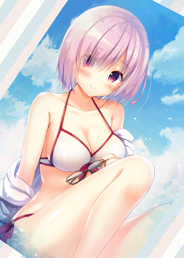 1girl bikini black-framed_eyewear blush breasts cleavage dutch_angle eyebrows_visible_through_hair eyes_visible_through_hair fate/grand_order fate_(series) front-tie_top glasses glasses_removed hair_over_one_eye hisama_kumako large_breasts looking_at_viewer off_shoulder outdoors partially_submerged pink_eyes purple_hair shielder_(fate/grand_order) short_hair side-tie_bikini smile solo strap_gap swimsuit white_bikini