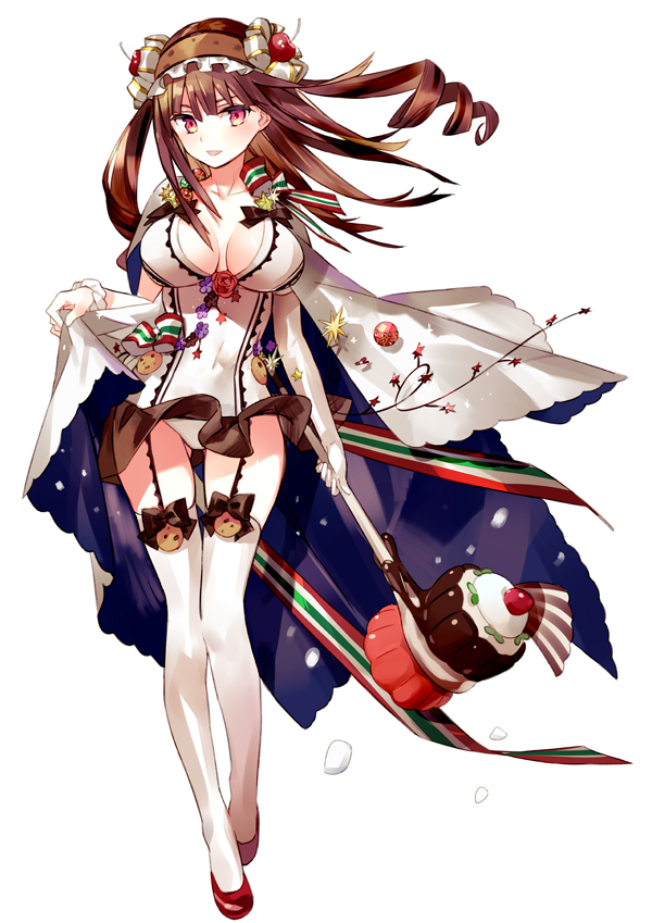 1girl breasts brown_hair cape cherry cleavage cookie drill_hair food fruit full_body hairband holding holding_weapon large_breasts long_hair looking_at_viewer mallet ninomoto open_mouth original panties personification red_eyes simple_background smile solo standing thigh-highs twin_drills underwear upskirt weapon white_background white_legwear