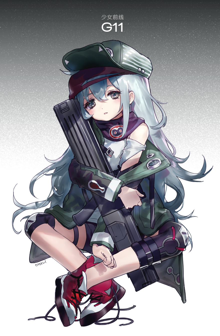 1girl ainy77 assault_rifle character_name copyright_name flat_cap full_body g11 g11_(girls_frontline) girls_frontline green_hat gun hat highres jacket long_hair looking_at_viewer red_shoes rifle shoes silver_hair sneakers solo untied_shoes very_long_hair weapon