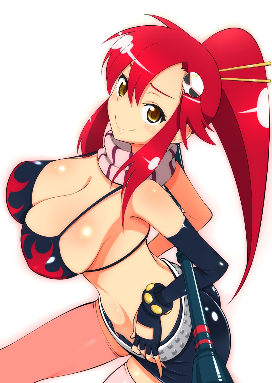 1girl are_(arearee) ass bikini_top blush breasts cleavage hair_ornament highres large_breasts looking_at_viewer pink_legwear ponytail redhead scarf shiny shiny_skin short_shorts shorts simple_background skull_hair_ornament solo tengen_toppa_gurren_lagann white_background yoko_littner