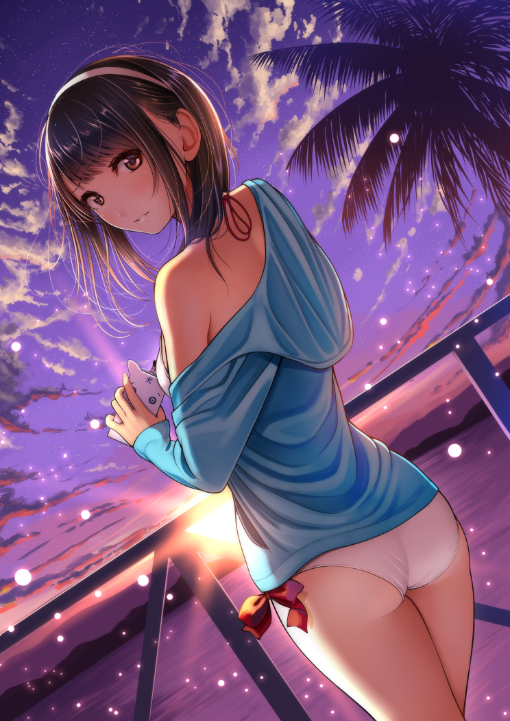 1girl ass bangs bikini black_hair blush brown_eyes cellphone clouds cloudy_sky commentary_request dutch_angle evening from_behind hairband halter_top halterneck holding holding_cellphone holding_phone hood hood_down hoodie kentaurosu long_sleeves looking_at_viewer looking_back matsuno_chiya off_shoulder open_clothes open_hoodie original outdoors palm_tree parted_lips phone railing revision sidelocks sky smartphone smartphone_case smile solo swimsuit thighs tree white_bikini
