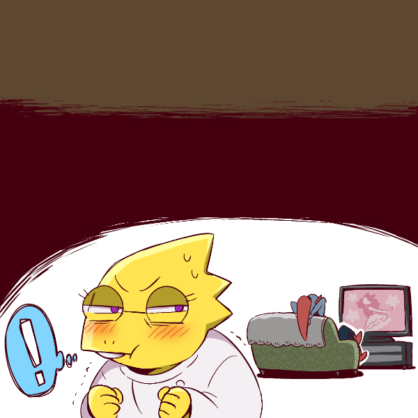 ! :t alphys annoyed arms_behind_back barefoot black_tank_top blue_skin blush blush_stickers bon_(rump) boots clenched_hands couch denim frown glasses head_fins jeans labcoat legs_crossed monster_girl pants ponytail pout red_boots redhead spoken_exclamation_mark squinting sweat tail tank_top undertale undyne watching_television yellow_sclera yellow_skin