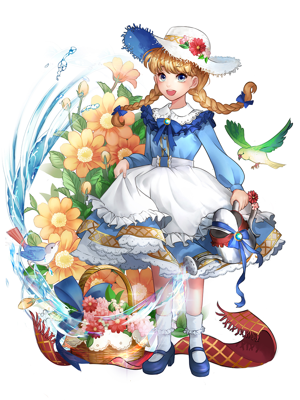 1girl :d antweiyi basket bird black_shoes blue_dress blue_eyes bluebird bow braid dress flower hair_bow hat hat_flower highres looking_at_viewer open_mouth shoes skirt_hold smile socks solo standing twin_braids water watering_can white_hat white_legwear