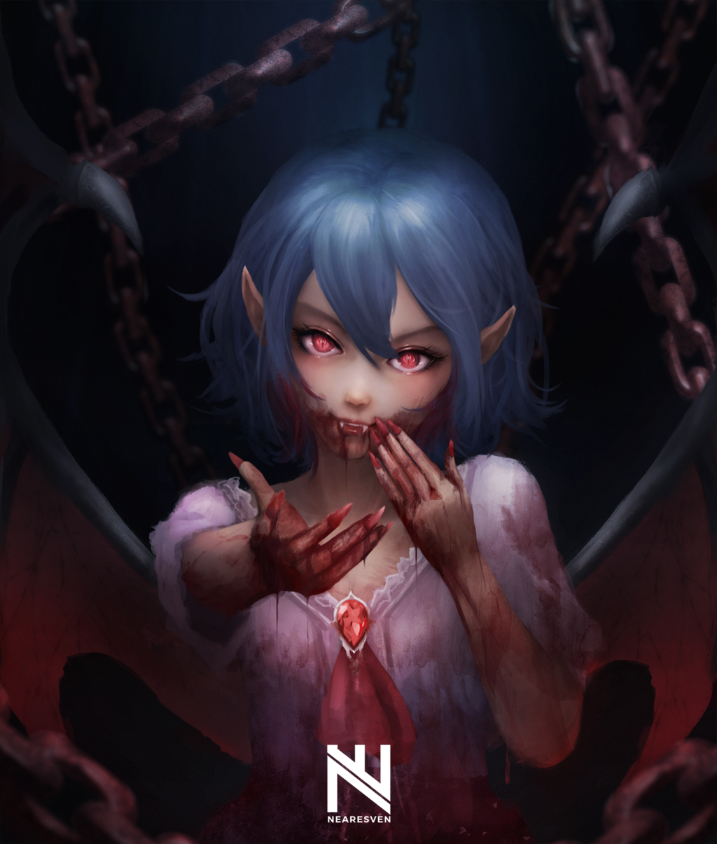 1girl artist_name bangs bat_wings blood blood_on_face bloody_clothes bloody_hair bloody_hands blue_hair brooch chains commentary cravat dress dripping fangs fingernails hair_between_eyes hand_on_own_face highres jewelry lips long_fingernails looking_at_viewer nearesven outstretched_arm parted_lips pink_dress pointy_ears red_eyes remilia_scarlet slit_pupils solo teeth touhou upper_body watermark wings