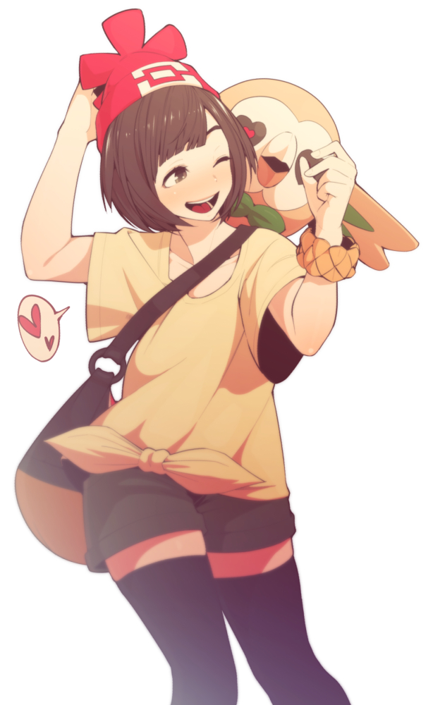 1girl bag beanie black_legwear brown_eyes brown_hair duffel_bag hat mizuki_(pokemon_sm) one_eye_closed open_mouth pokemon pokemon_(creature) pokemon_(game) pokemon_sm red_hat rowlet shirt short_hair short_sleeves shorts simple_background smile suno486_x thigh-highs tied_shirt white_background yellow_shirt