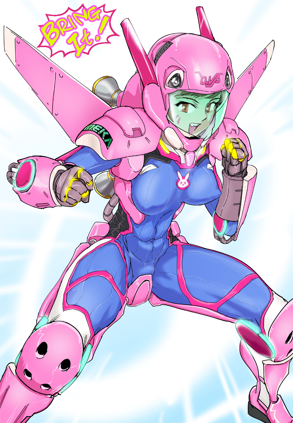 1girl abs acronym adapted_costume animal_print armor blue_bodysuit blue_sky bodysuit breasts brown_eyes brown_hair bunny_print chichipaechichipapa clenched_hands commentary_request covered_navel crotch_plate d.va_(overwatch) emblem english erect_nipples exoskeleton facepaint facial_mark fighting_stance flying glowing glowing_hand helmet henshin highres jetpack looking_at_viewer medium_breasts meka_(overwatch) open_mouth outdoors overwatch pilot_suit pink_lips power_armor ribbed_bodysuit shoulder_pads shouting skin_tight sky smile solo transformation whisker_markings