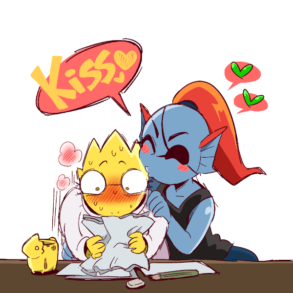 :3 ^_^ alphys ass black_tank_top blue_skin blush blush_stickers bon_(rump) closed_eye closed_eyes cup denim desk eraser eyepatch glasses hand_on_another's_shoulder head_fins head_kiss jeans labcoat leaning_forward monster_girl open_eyes pants paper pencil ponytail redhead surprised tank_top undertale undyne yellow_sclera yellow_skin yuri