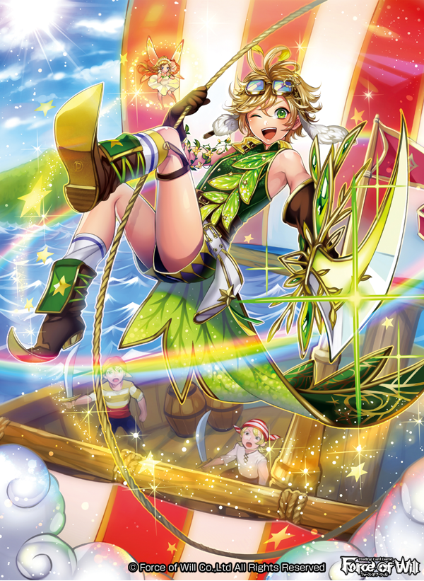 1girl 3boys bandanna bare_shoulders blonde_hair boots copyright_name day fairy fairy_wings flower force_of_will gloves goggles goggles_on_head green_eyes leaf long_hair matsurika_youko mountain multiple_boys official_art one_eye_closed open_mouth pirate rainbow ship sky sparkle star sun sword teeth water watercraft weapon wings