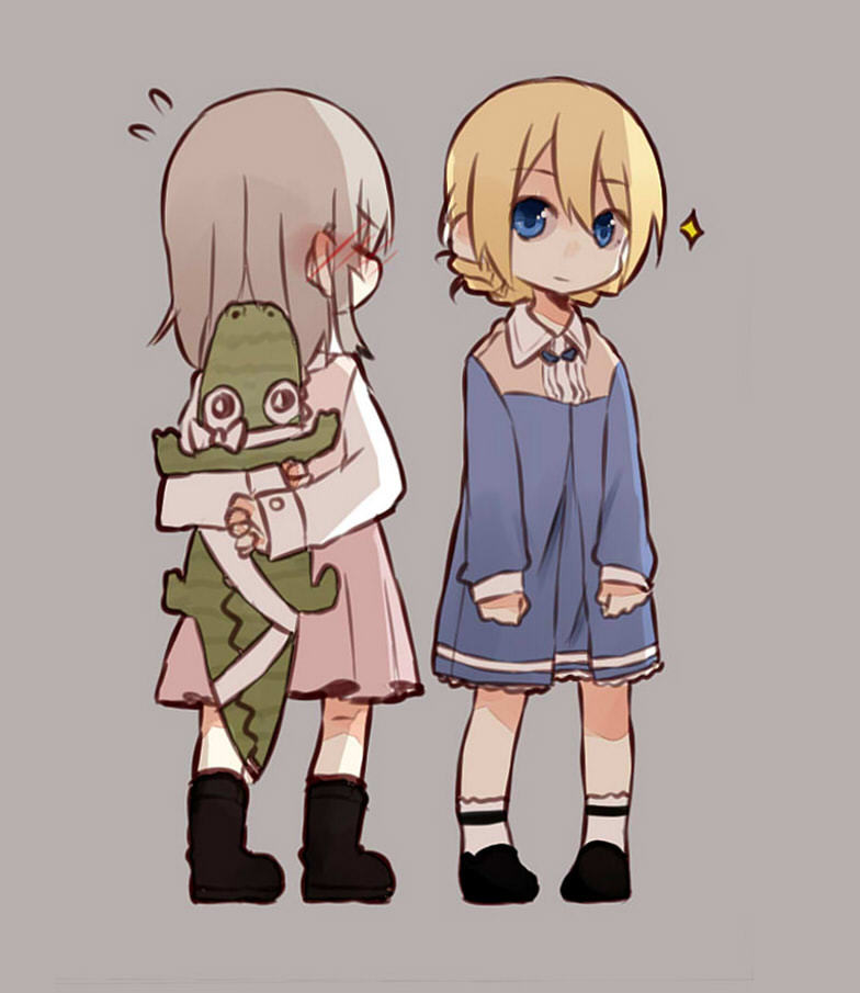 2girls bangs black_footwear black_legwear blonde_hair blue_dress blue_eyes blush braid casual collared_dress darjeeling dress embarrassed eyebrows_visible_through_hair flying_sweatdrops fud full_body girls_und_panzer grey_background holding holding_stuffed_animal itsumi_erika light_smile long_hair long_sleeves looking_at_another medium_dress medium_skirt multiple_girls pink_skirt shirt shoes short_hair simple_background sketch skirt socks sparkle standing stuffed_animal stuffed_crocodile stuffed_toy tied_hair twin_braids white_legwear white_shirt younger