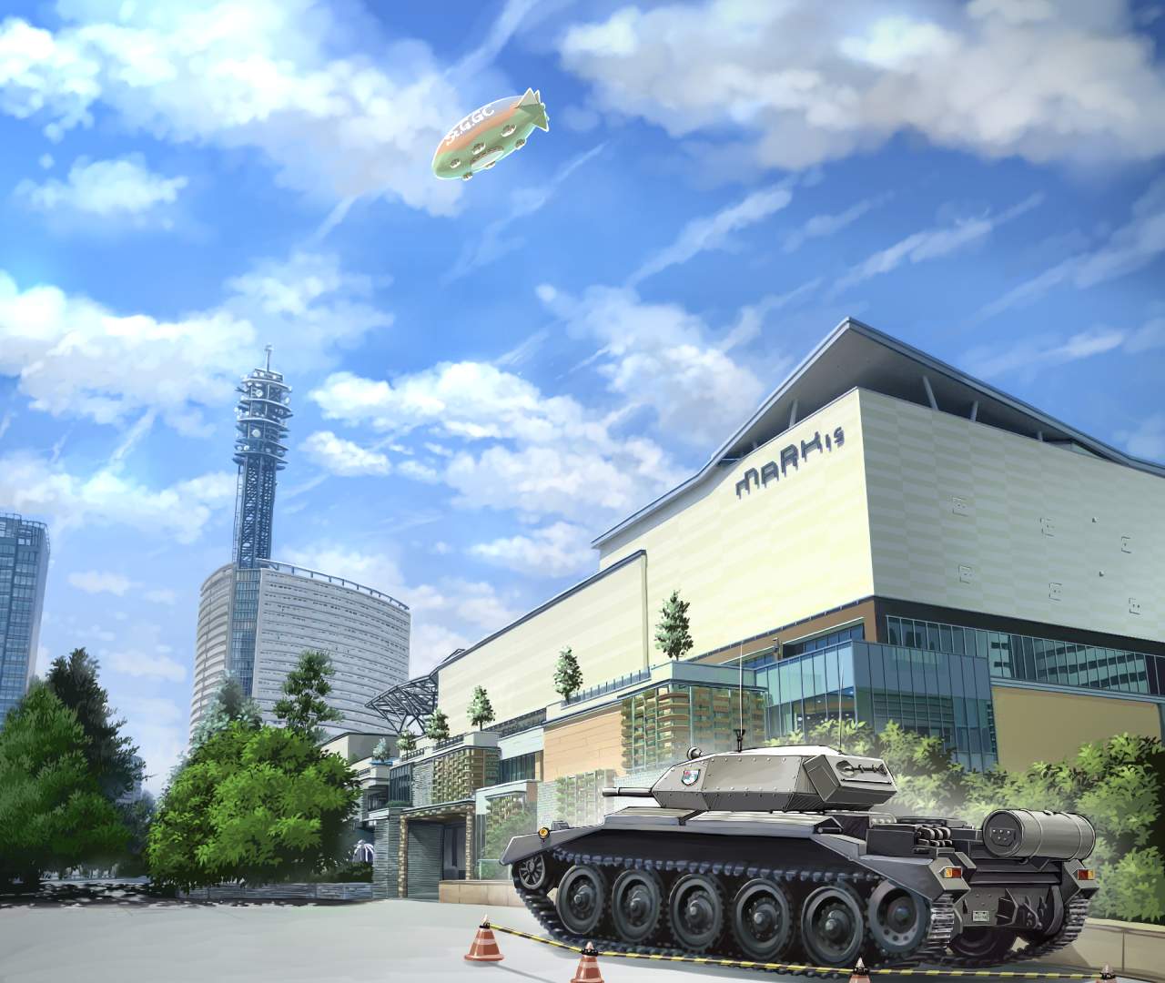 aircraft building clouds cloudy_sky crusader_(tank) day dirigible girls_und_panzer ground_vehicle location_request military military_vehicle motor_vehicle no_humans outdoors r-ex scenery sky tank tank_focus traffic_cone