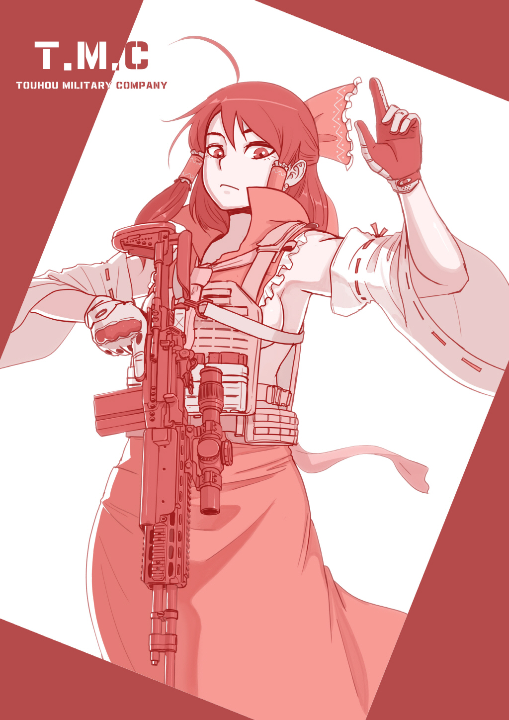 1girl armor ascot battle_rifle breasts detached_sleeves english gloves gun hair_ribbon hair_tubes hakurei_reimu headphones highres m14 nontraditional_miko plate_armor plate_carrier ranger_(mll0101) ribbon ribbon-trimmed_sleeves ribbon_trim rifle scope sideboob solo touhou trigger_discipline weapon