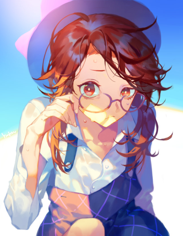 1girl brown_hair collared_shirt glasses hat long_hair long_sleeves looking_at_viewer red_eyes shirt sitting solo sweat touhou unbuttoned unbuttoned_shirt usami_sumireko wet wet_clothes white_shirt yamakawa