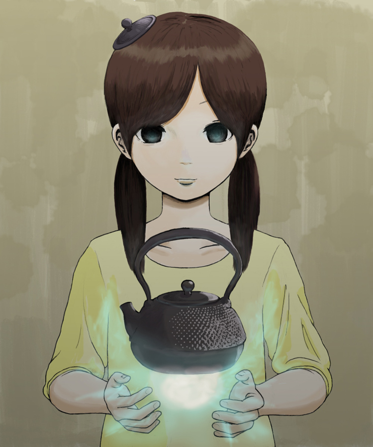 1girl brown_hair closed_mouth collarbone energy_ball floating_object light_smile lips long_hair niruri no_pupils object_on_head original shirt simple_background solo t-shirt teapot upper_body