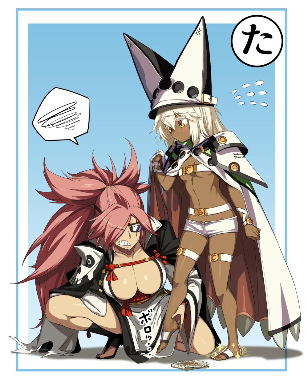 2girls baiken bangs barefoot blue_background blush breasts cape cleavage clenched_teeth closed_mouth colored_eyelashes commentary_request dark_skin dirty_feet eyebrows_visible_through_hair eyepatch flying_sweatdrops full_body guilty_gear guilty_gear_xrd hair_over_one_eye hat highres kiki_(uxoia) kneeling large_breasts long_hair multiple_girls pink_hair ramlethal_valentine revision sandals shorts small_breasts standing teeth white_cape white_hair yellow_eyes