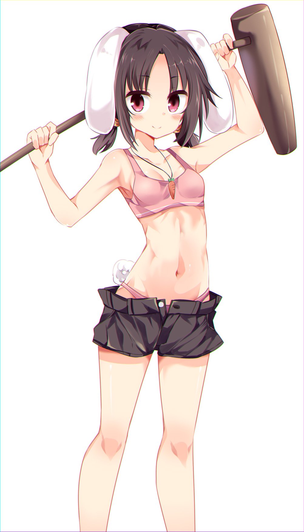 1girl animal_ears bikini black_hair breasts bunny_tail carrot_necklace highres holding inaba_tewi kine looking_at_viewer mallet maturiuta_sorato navel pink_bikini pink_eyes rabbit_ears short_hair short_shorts shorts simple_background small_breasts smile solo standing stomach swimsuit tail touhou white_background