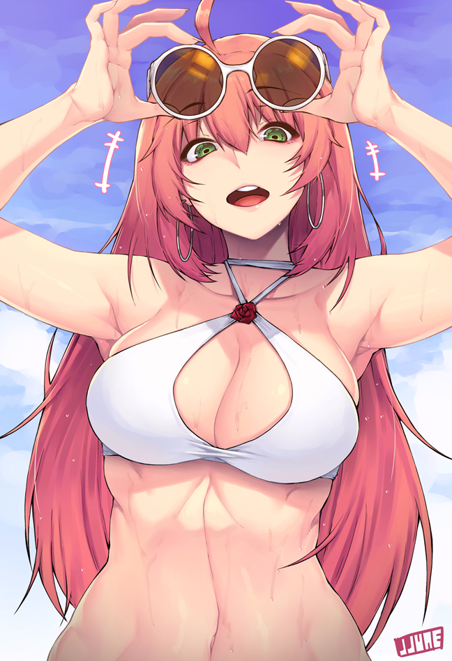 1girl :d ahoge armpits artist_name bangs breasts cleavage clouds cloudy_sky collarbone criss-cross_halter day earrings eyebrows_visible_through_hair fingernails flower green_eyes hair_between_eyes halter_top halterneck hands_up hoop_earrings jewelry jjune large_breasts long_fingernails long_hair looking_at_viewer midriff navel open_mouth original outdoors pink_hair pink_lips red_flower red_rose rose round_teeth sky smile solo sunglasses teeth toned tongue upper_body upper_teeth wet white_bikini_top