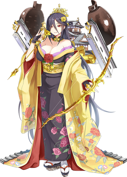 1girl arrow bare_shoulders black_hair bow_(weapon) breasts castle cleavage crown emerane fingerless_gloves full_body gloves hair_between_eyes hair_over_one_eye holding holding_arrow holding_bow_(weapon) holding_weapon japanese_clothes kimono large_breasts long_hair mole mole_under_eye official_art oshiro_project oshiro_project_re red_eyes shachihoko smile solo tamonyama_(oshiro_project) transparent_background very_long_hair weapon yuujou