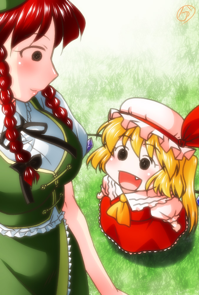 2girls :d ascot beret blonde_hair blush braid breasts buntaichou china_dress chinese_clothes commentary_request dress fang flandre_scarlet frilled_sleeves frills from_above full_body grass green_dress hair_ribbon hat hong_meiling large_breasts looking_at_another looking_down looking_up multiple_girls open_mouth outdoors puffy_short_sleeves puffy_sleeves redhead ribbon short_hair short_sleeves side_ponytail skirt skirt_set smile solid_circle_eyes star touhou tress_ribbon twin_braids wings