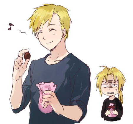 2boys alphonse_elric angry bag black_shirt blonde_hair blue_shirt bow brothers chocolate closed_eyes edward_elric envy eyebrows_visible_through_hair frown fullmetal_alchemist happy long_hair long_sleeves lowres male_focus multiple_boys musical_note ponytail quaver riru shirt short_hair siblings simple_background smile sweatdrop white_background