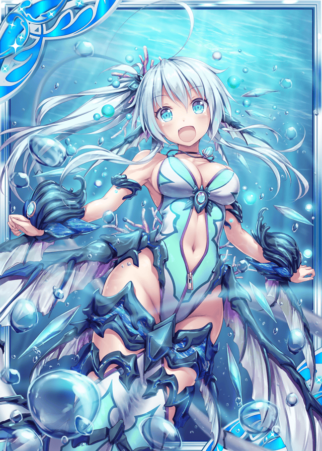 1girl akkijin aqua_eyes bodysuit bubble card coral gauntlets hair_ornament ice_crystal jewelry leviathan_(shinkai_no_valkyrie) looking_at_viewer monster_girl necklace open_mouth shinkai_no_valkyrie smile solo swimsuit tail underwater white_hair