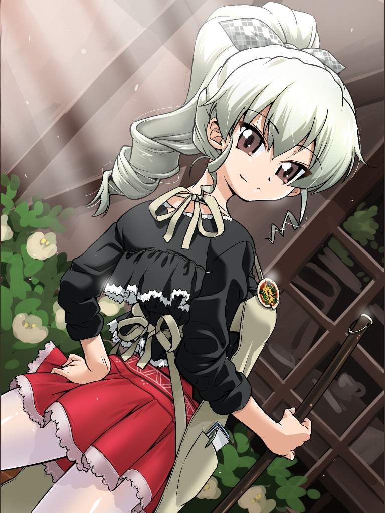 1girl alternate_hairstyle anchovy anzio_(emblem) bangs black_shirt broom bush casual closed_mouth cowboy_shot day drill_hair dutch_angle emblem frilled_skirt frills from_behind girls_und_panzer green_hair hair_ribbon hand_on_hip holding jpeg_artifacts long_hair long_sleeves looking_at_viewer looking_back miniskirt outdoors ponytail r-ex red_eyes red_skirt ribbon shirt skirt smile solo standing sunlight