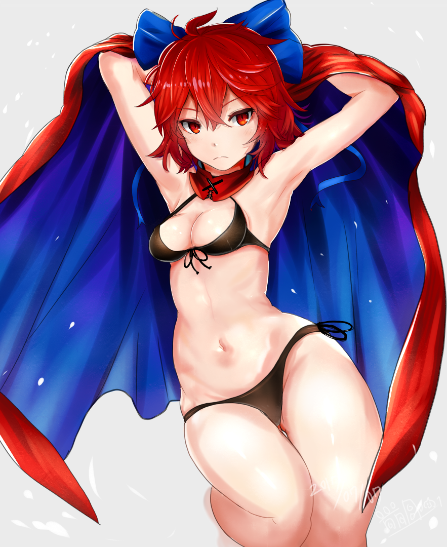 armpits bikini black_bikini blue_bow bow breasts cape commentary_request expressionless gluteal_fold grey_background hair_bow houdukixx looking_at_viewer navel red_eyes redhead revision sekibanki short_hair side-tie_bikini simple_background small_breasts stomach swimsuit thigh_gap touhou