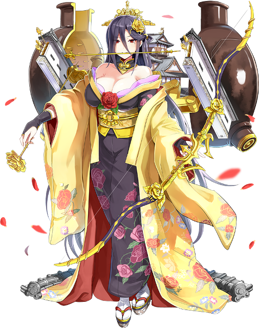 1girl arrow bare_shoulders black_hair bow_(weapon) breasts castle cleavage crown emerane fingerless_gloves full_body gloves hair_between_eyes hair_over_one_eye holding holding_bow_(weapon) holding_weapon japanese_clothes kimono large_breasts long_hair mole mole_under_eye official_art oshiro_project oshiro_project_re petals red_eyes shachihoko smile solo tamonyama_(oshiro_project) transparent_background very_long_hair weapon yuujou