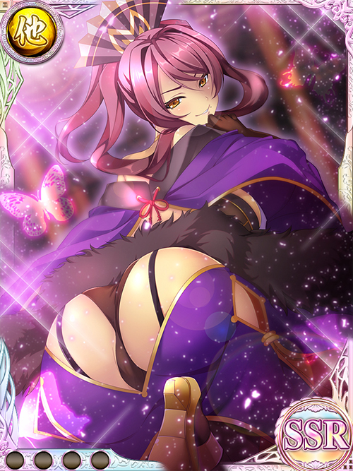 1girl bare_shoulders black_panties breasts brown_hair butterfly garter_straps gloves hair_ornament kashin kneeling koihime_musou large_breasts long_hair looking_at_viewer looking_back mole official_art panties smile solo sparkle thigh-highs underwear yellow_eyes